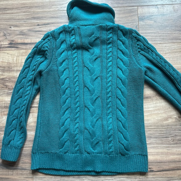 LL Bean Double L Mixed-Cable Sweater Funnelneck Women’s Sz Medium TEAL Chunky - Picture 8 of 8